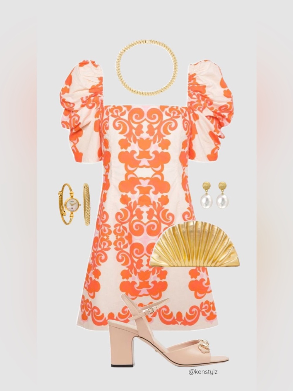 Cara Cara Cream Dress with Orange Baroque Print and Puff Sleeves